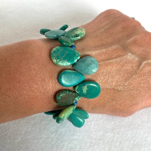 Sterling Silver 925 Teardrop Turquoise Aventurine & Sodalite Beaded Bracelet  7" - Picture 1 of 16